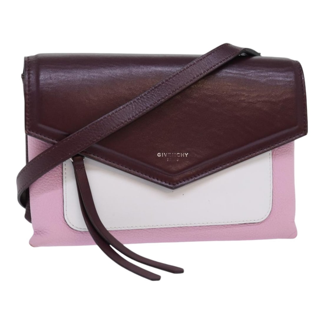 GIVENCHY Wine Red Leather Shoulder Bag Silver Pink Italy: GIVENCHY Wine Red Leather Shoulder Bag Silver Pink Italy This Givenchy shoulder bag is crafted from leather in a combination of wine red, silver, and pink tones. Designed for women, it features a comp