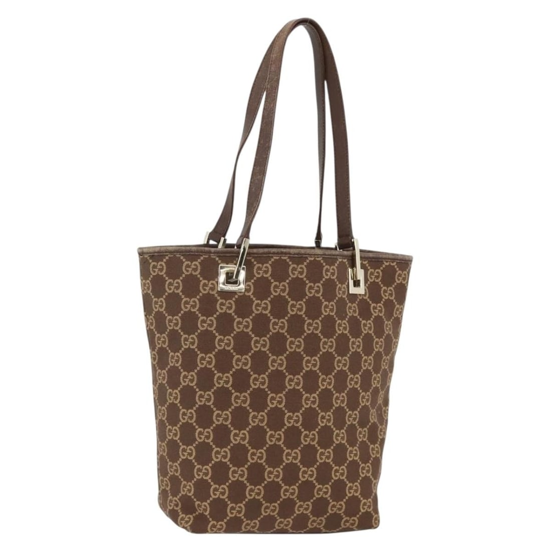 Gucci GG Canvas Brown Gold Tote Italy 002 1099: Gucci GG Canvas Brown Gold Tote Italy 002 1099 This GUCCI GG Canvas Tote Bag features a classic brown and gold color scheme and is crafted from the brand's signature GG canvas material. Designed for w