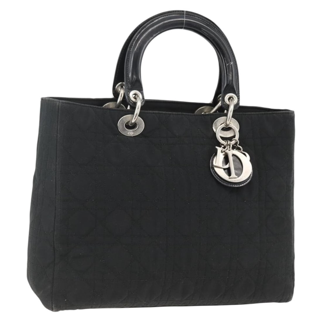 Christian Dior Cannage Nylon Tote with Charm Black Silver: Christian Dior Cannage Nylon Tote with Charm Black Silver Christian Dior Cannage tote bag in black and silver nylon, made in Italy. This women's tote includes a charm accessory and features a heavily 
