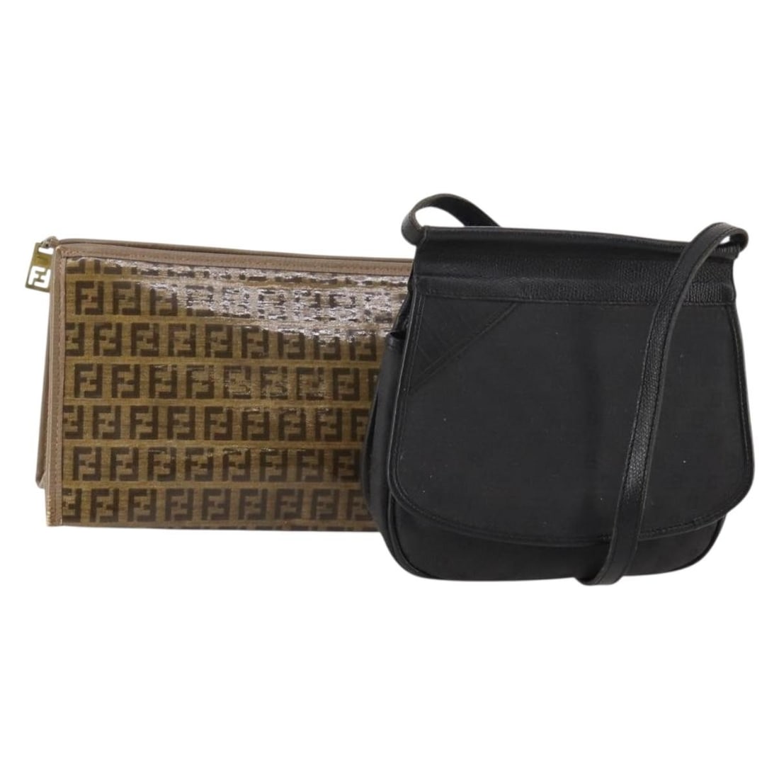 FENDI Zucchino Shoulder Bag Set of 2 Coated Canvas Black Beige: FENDI Zucchino Shoulder Bag Set of 2 Coated Canvas Black Beige Fendi shoulder bag set in coated canvas and Zucchino canvas, presented in black and beige. Made in Italy, this women's bag is offered in 