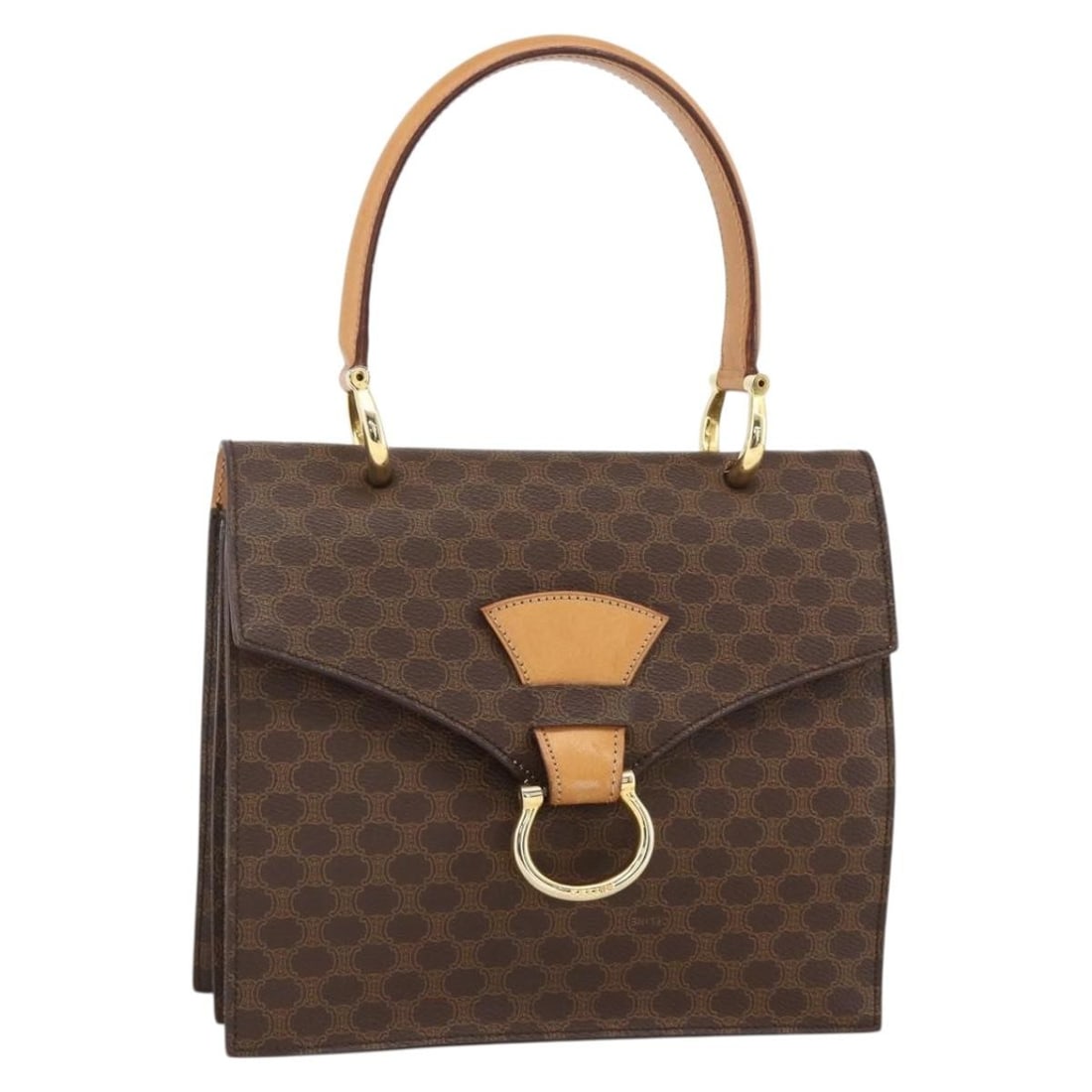CELINE Macadam Canvas Brown PVC Leather Handbag Italy: CELINE Macadam Canvas Brown PVC Leather Handbag Italy CELINE Macadam Canvas hand bag in brown and gold, made in Italy from PVC leather and Macadam canvas. It features a handle drop of approximately 4.