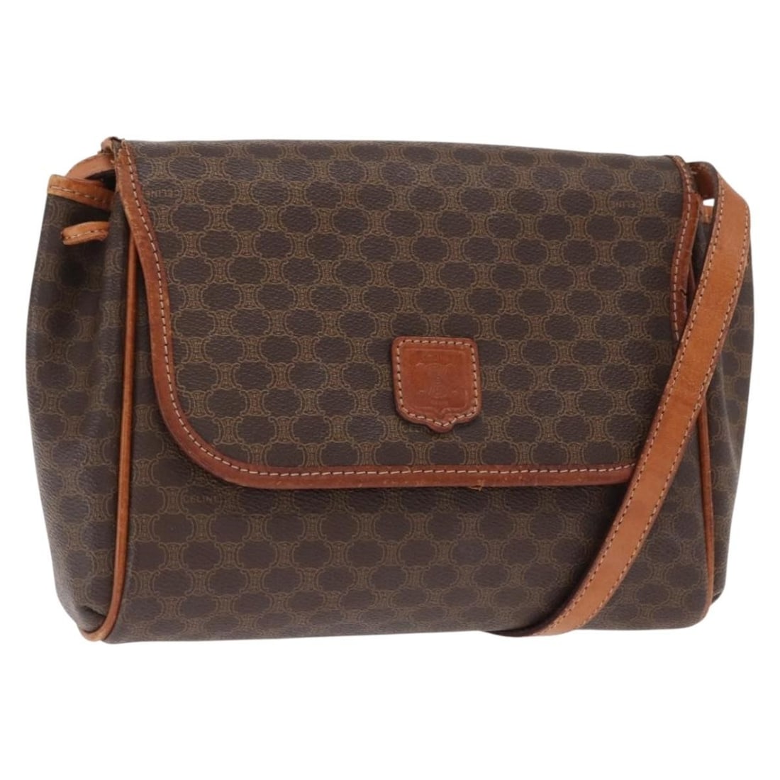 CELINE Macadam Canvas Shoulder Bag Brown Gold PVC Leather Italy: CELINE Macadam Canvas Shoulder Bag Brown Gold PVC Leather Italy This CELINE Macadam Canvas Shoulder Bag is a stylish accessory crafted in Italy, featuring a combination of PVC leather and Macadam canv