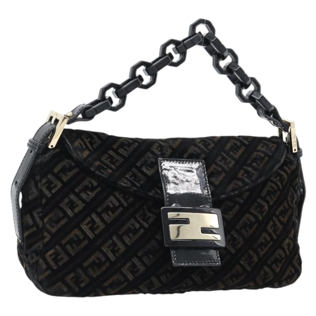 Fendi Mamma Baguette Shoulder Bag in Black Velor Zucchino Canvas: Fendi Mamma Baguette Shoulder Bag in Black Velor Zucchino Canvas Fendi Zucchino Canvas Chain Mamma Baguette Bag in black and gold, made from velor and Zucchino canvas. This shoulder bag comes with a d