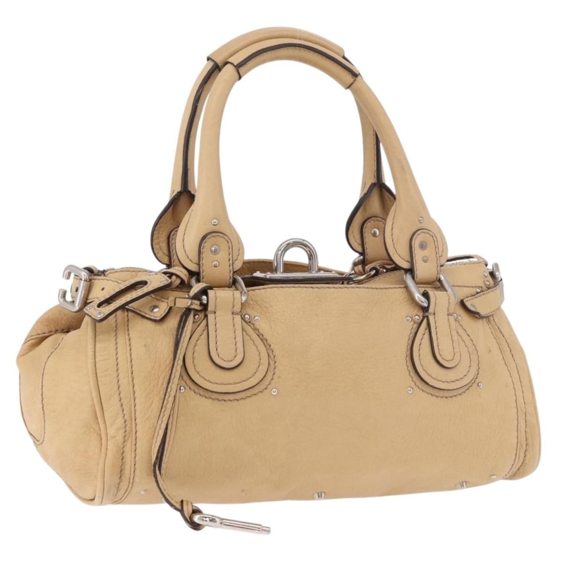 Chloe Paddington Beige Leather Handbag Silver Tone Auth 184977A: Chloe Paddington Beige Leather Handbag Silver Tone Auth 184977A Chloe hand bag in beige and silver leather, made in Italy. This women's bag measures approximately 36 cm wide, 19 cm high, and 20 cm dee