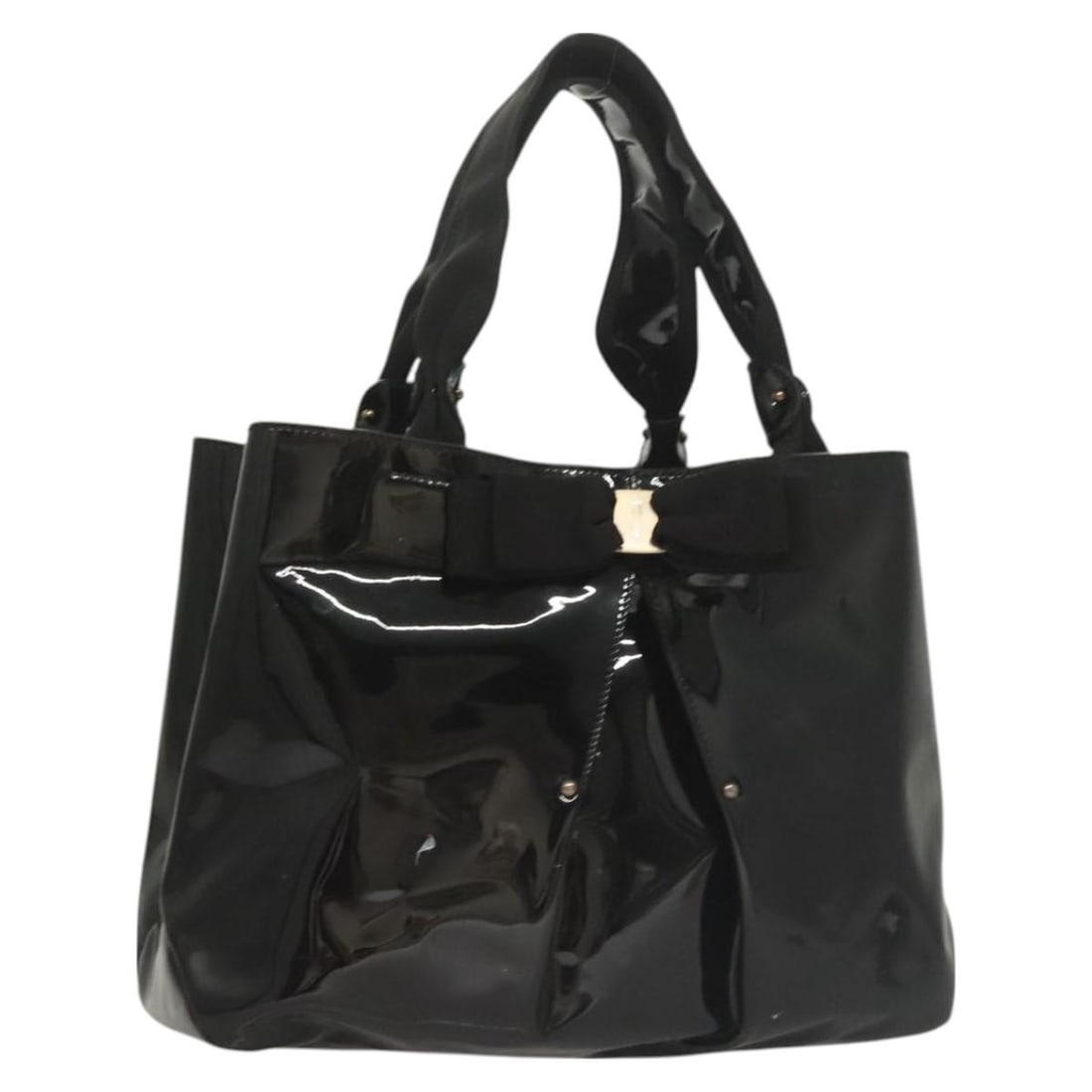 Salvatore Ferragamo Vala Black Patent Leather Hand Bag Auth Italy: Salvatore Ferragamo Vala Black Patent Leather Hand Bag Auth Italy This Salvatore Ferragamo Vala Hand Bag is a stylish accessory crafted from high-quality patent leather in a classic black color. Measu