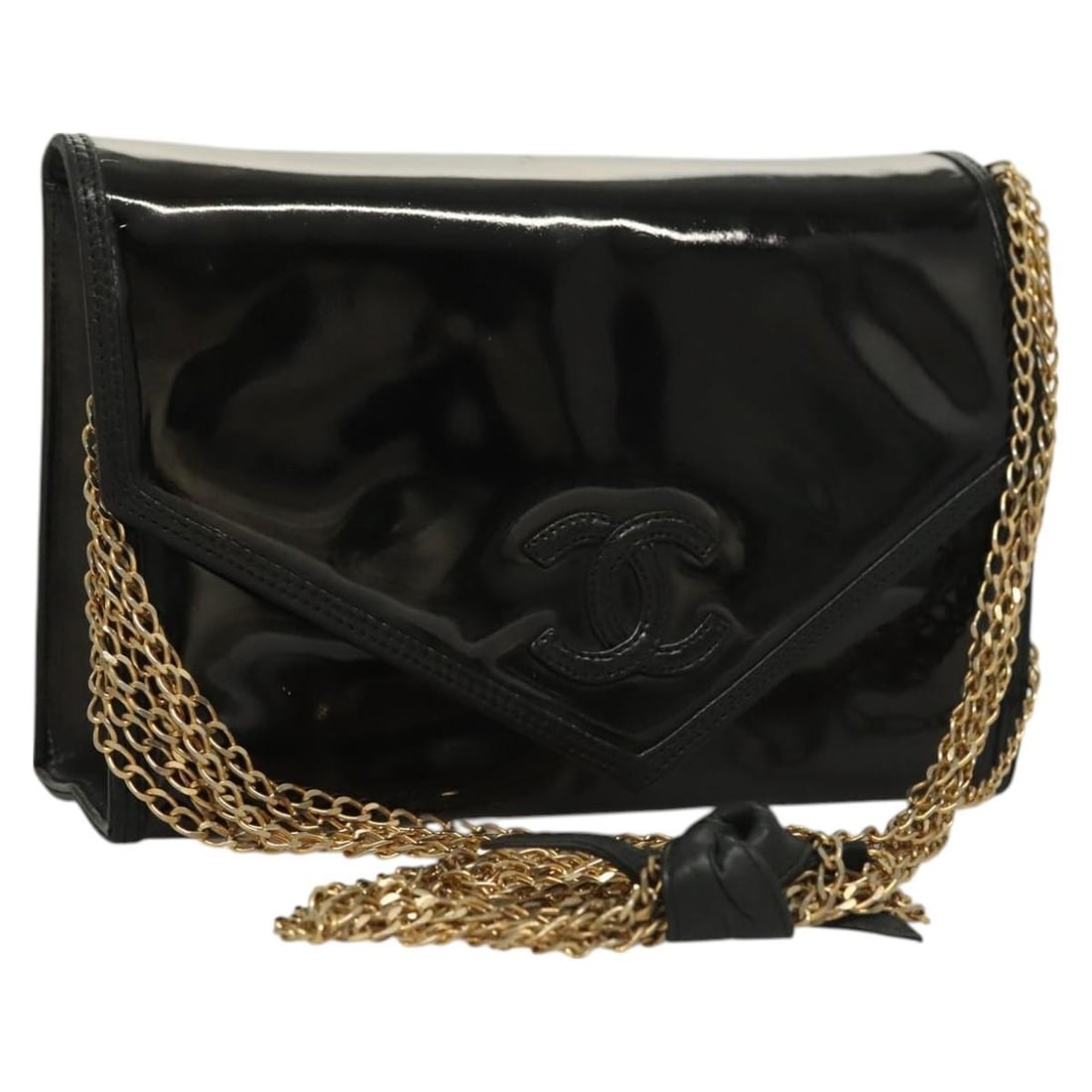 CHANEL CC Enamel Shoulder Bag Black Gold Tone with Guarantee Card: CHANEL CC Enamel Shoulder Bag Black Gold Tone with Guarantee Card CHANEL chain shoulder bag in black and gold enamel, made in Italy. The bag measures approximately 20 cm W x 12 cm H x 6 cm D, with a s