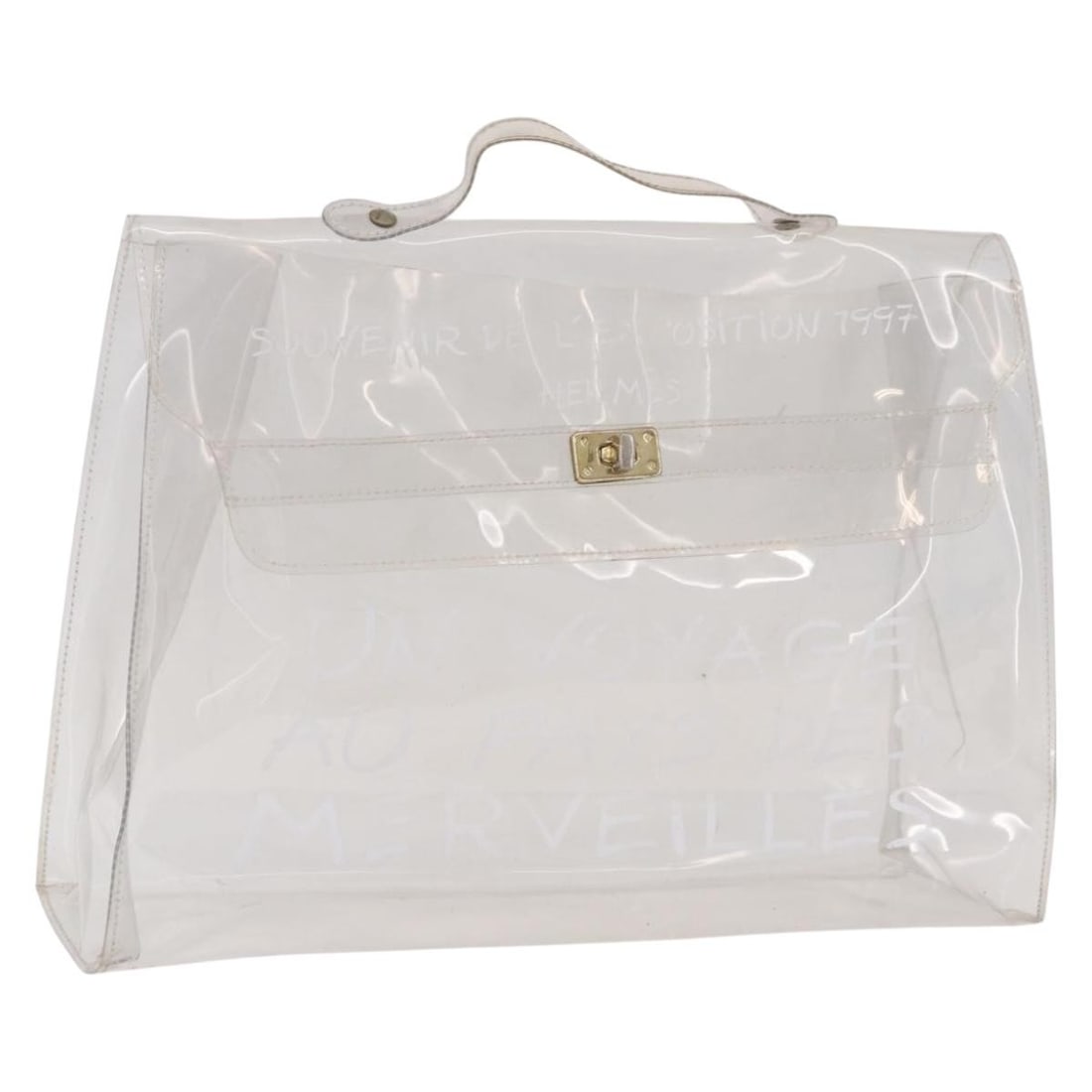 Clear Vinyl Hand Bag Hermes Kelly W40cm x H27cm x D11cm: Clear Vinyl Hand Bag Hermes Kelly W40cm x H27cm x D11cm Clear vinyl Kelly-style handbag with a structured shape and handle drop of approximately 4 cm. The item is described as heavily used, with visib