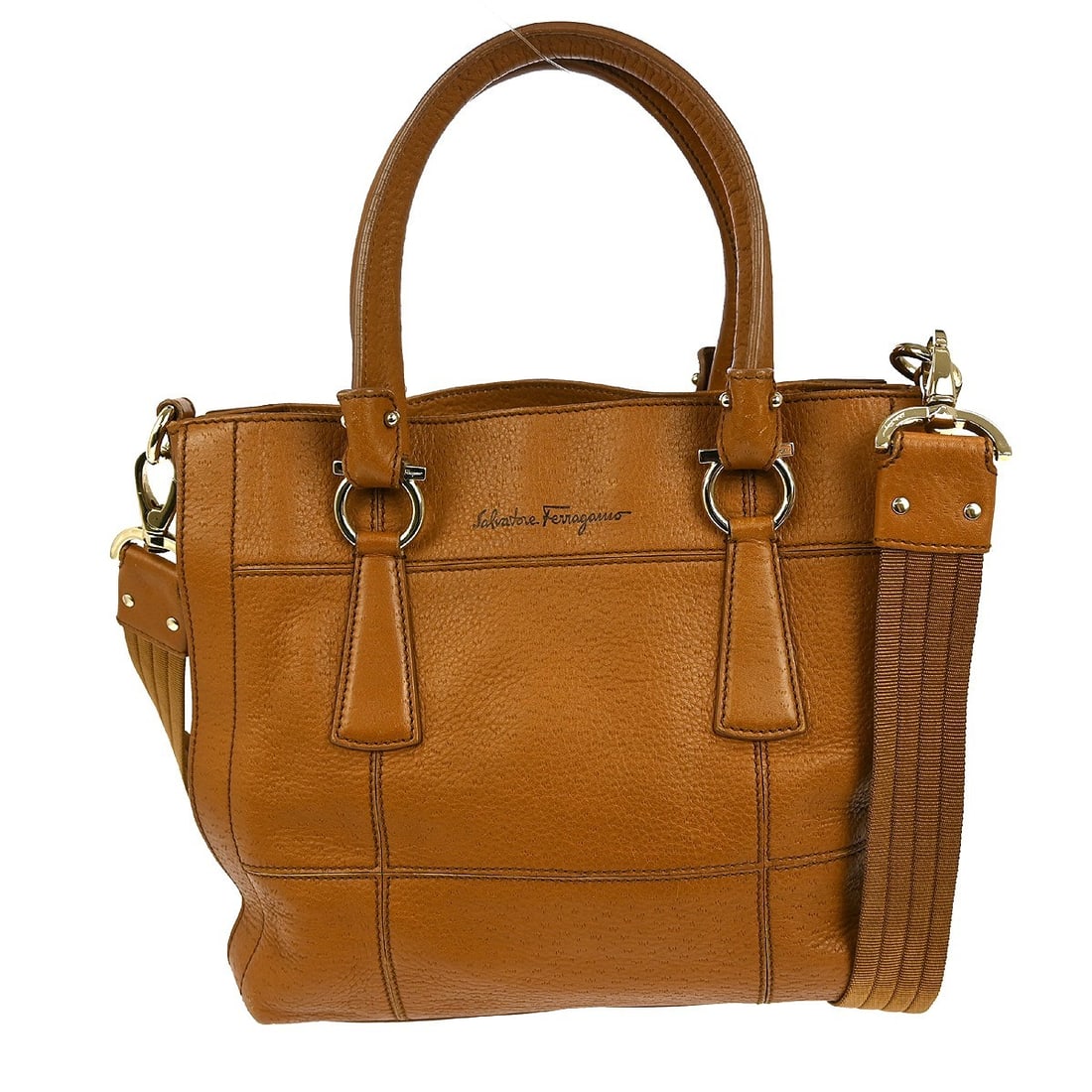 Leather top handle bag Salvatore Ferragamo Gancini brown with shoulder strap: Leather top handle bag Salvatore Ferragamo Gancini brown with shoulder strap Salvatore Ferragamo Gancini 2way handbag in brown leather, made in Italy. This medium-sized top handle bag is designed for 