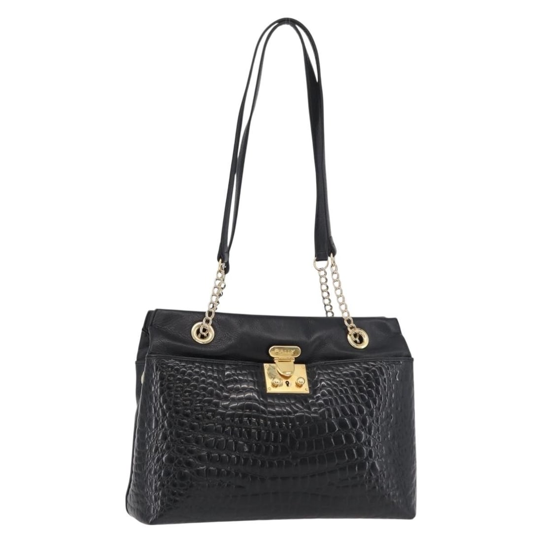 BALLY Black Gold Leather Shoulder Bag Italy: BALLY Black Gold Leather Shoulder Bag Italy This is a Bally women's chain shoulder bag crafted from black and gold leather. Made in Italy, the bag features a structured silhouette with a spacious inte