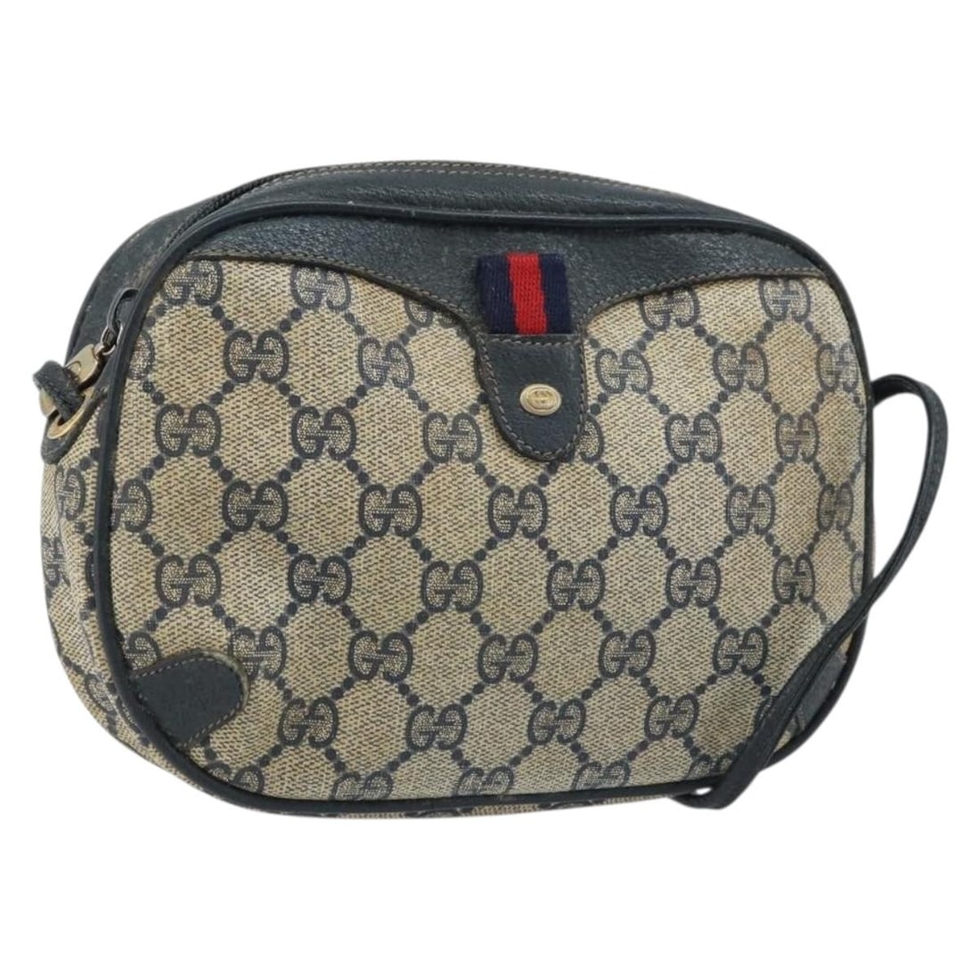 Navy and Red GG Supreme Sherry Line Shoulder Bag by Gucci PVC Leather: Navy and Red GG Supreme Sherry Line Shoulder Bag by Gucci PVC Leather This GUCCI GG Supreme Sherry Line shoulder bag features a classic navy and red color scheme with PVC leather and GG canvas materia