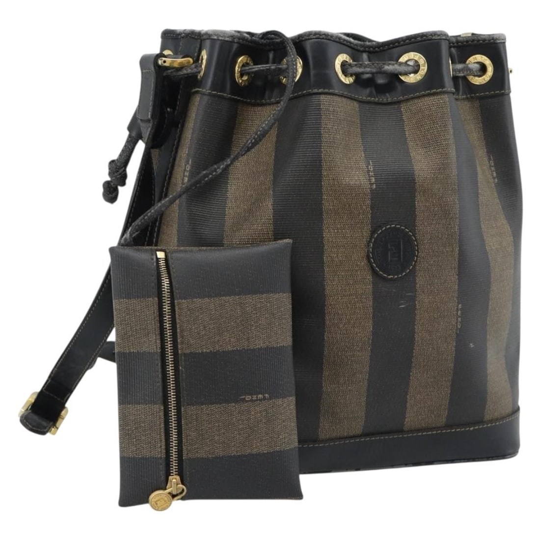 FENDI Pequin Canvas Brown Gold Shoulder Bag with Pouch: FENDI Pequin Canvas Brown Gold Shoulder Bag with Pouch This FENDI shoulder bag features a classic brown and gold design crafted from PVC leather and Pequin canvas. The bag includes a detachable pouch 