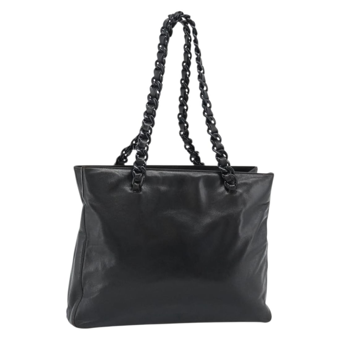 PRADA black leather tote bag with plastic chain handles: PRADA black leather tote bag with plastic chain handles Prada tote bag in black and silver leather with a plastic chain design. Made in Italy, this women's bag shows heavy use with visible wear throug