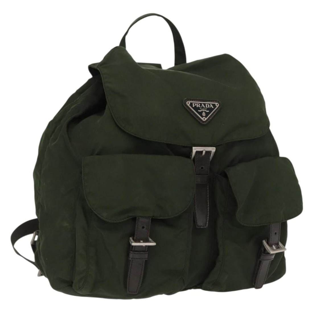 PRADA Green Nylon Backpack Silver Tone Made in Italy: PRADA Green Nylon Backpack Silver Tone Made in Italy PRADA backpack in green and silver nylon, made in Italy. The item is described as heavily used and shows wear consistent with the stated condition,
