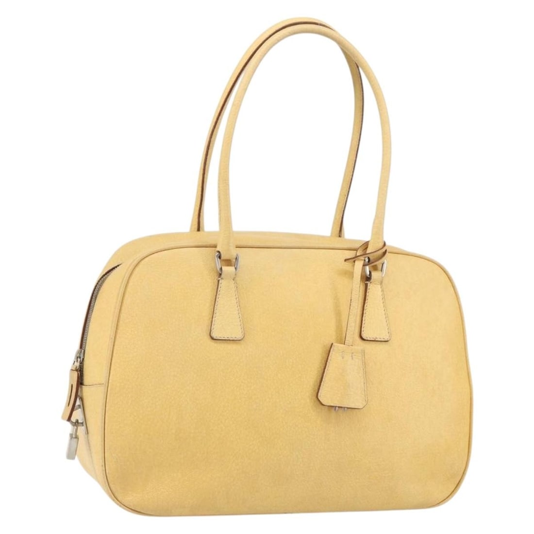 Yellow Leather Prada Shoulder Bag with Silver Accents and Padlock: Yellow Leather Prada Shoulder Bag with Silver Accents and Padlock This PRADA shoulder bag features a yellow and silver leather exterior and is crafted in Italy. The bag has a spacious main compartment