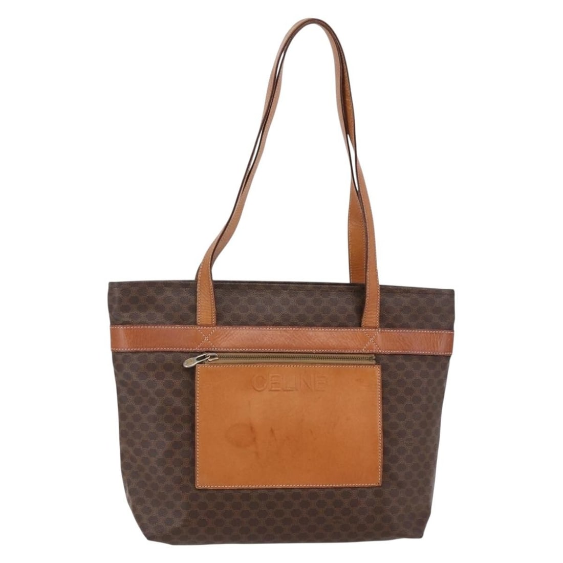 CELINE Brown Macadam Canvas Tote Bag PVC Leather Made in Italy: CELINE Brown Macadam Canvas Tote Bag PVC Leather Made in Italy This authentic CELINE Macadam Canvas Tote Bag showcases a stylish and functional design, crafted in Italy. The exterior features a combin