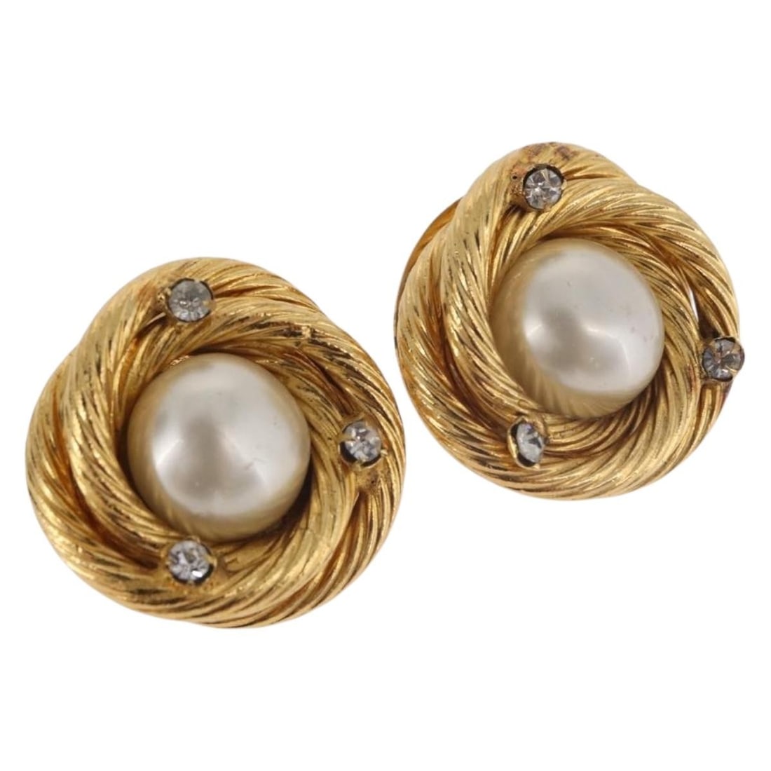 CHANEL CC Pearl Earrings Gold White Metal France: CHANEL CC Pearl Earrings Gold White Metal France CHANEL earring in metal with a gold and white color combination, made in France. The item is listed as heavily used with slight surface rubbing, slight