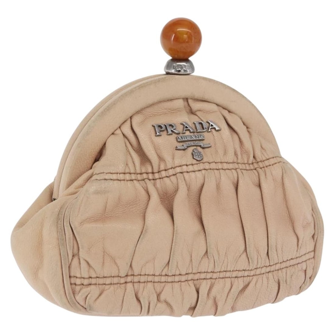 PRADA Beige Leather Womens Pouch Made in Italy: PRADA Beige Leather Womens Pouch Made in Italy Authentic Prada beige leather pouch made in Italy. This women's pouch has a compact silhouette and shows heavy use, including an out-of-shape exterior, r