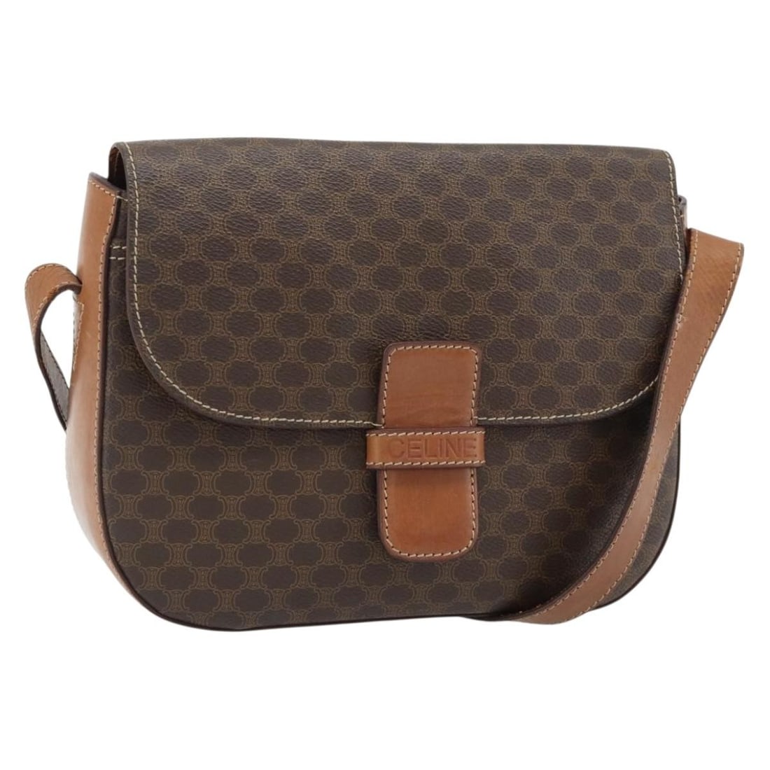 CELINE Macadam Shoulder Bag Brown PVC Leather Gold Tone: CELINE Macadam Shoulder Bag Brown PVC Leather Gold Tone CELINE Macadam Canvas shoulder bag in brown and gold, made in Italy from PVC leather and Macadam canvas. It measures approximately 25 cm W x 21 