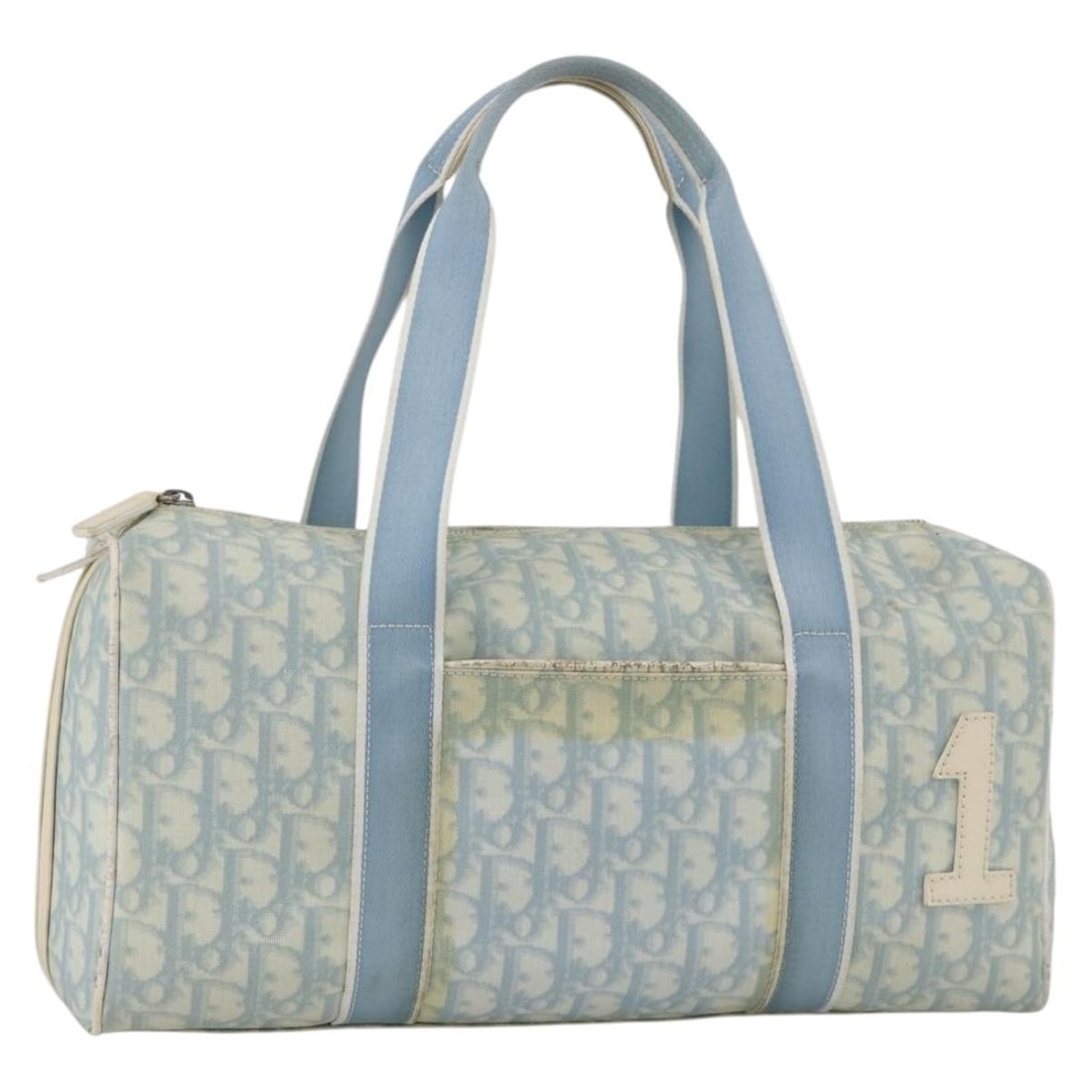Christian Dior Trotter Boston Bag in Light Blue PVC Leather: Christian Dior Trotter Boston Bag in Light Blue PVC Leather Christian Dior Trotter Canvas Boston Bag in light blue and silver, made in Italy. This women's bag is crafted from PVC leather and Trotter c