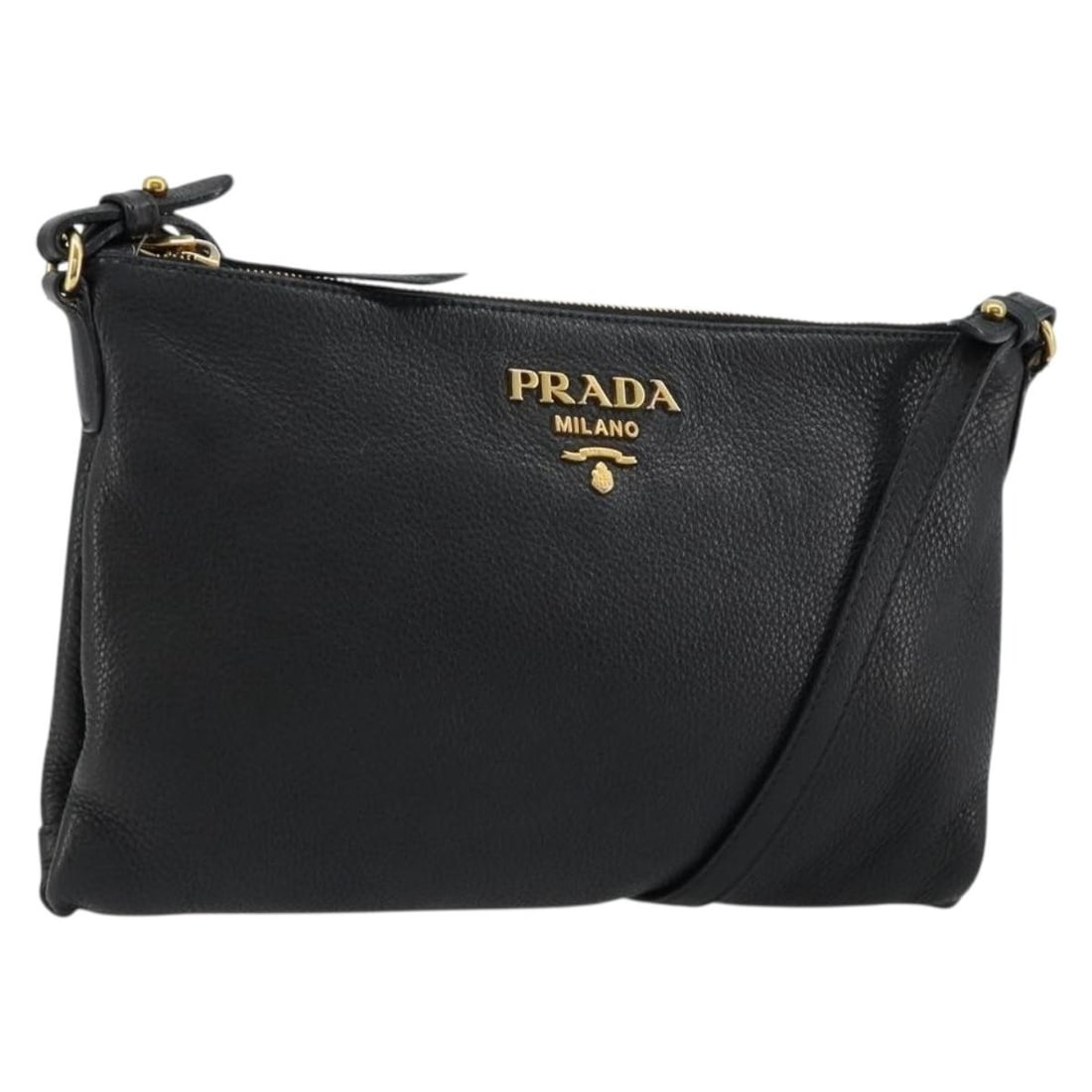 Prada black gold leather shoulder bag Italy: Prada black gold leather shoulder bag Italy This PRADA Vitterodino shoulder bag is crafted from black leather with gold-tone accents. Made in Italy, it features a slim silhouette with an adjustable sh