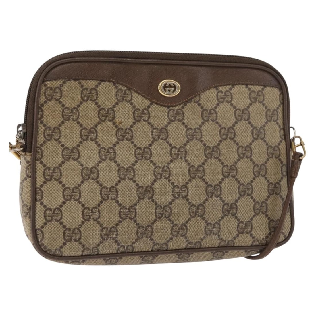 Gucci 89 02 068 GG Supreme PVC Leather Shoulder Bag Beige Gold: Gucci 89 02 068 GG Supreme PVC Leather Shoulder Bag Beige Gold Gucci shoulder bag in beige and gold PVC leather and GG canvas, made in Italy. The bag measures approximately 22 cm W x 15 cm H x 4 cm D,