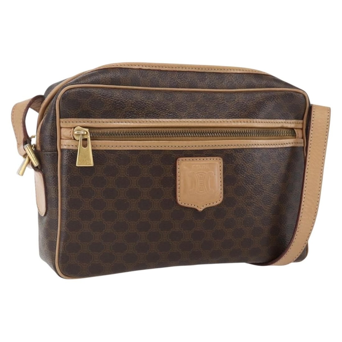 CELINE Macadam Shoulder Bag Brown PVC Leather Gold Tone: CELINE Macadam Shoulder Bag Brown PVC Leather Gold Tone A CELINE Macadam Canvas shoulder bag in brown and gold, made in Italy. The bag is crafted from PVC leather and Macadam canvas, and measures appr