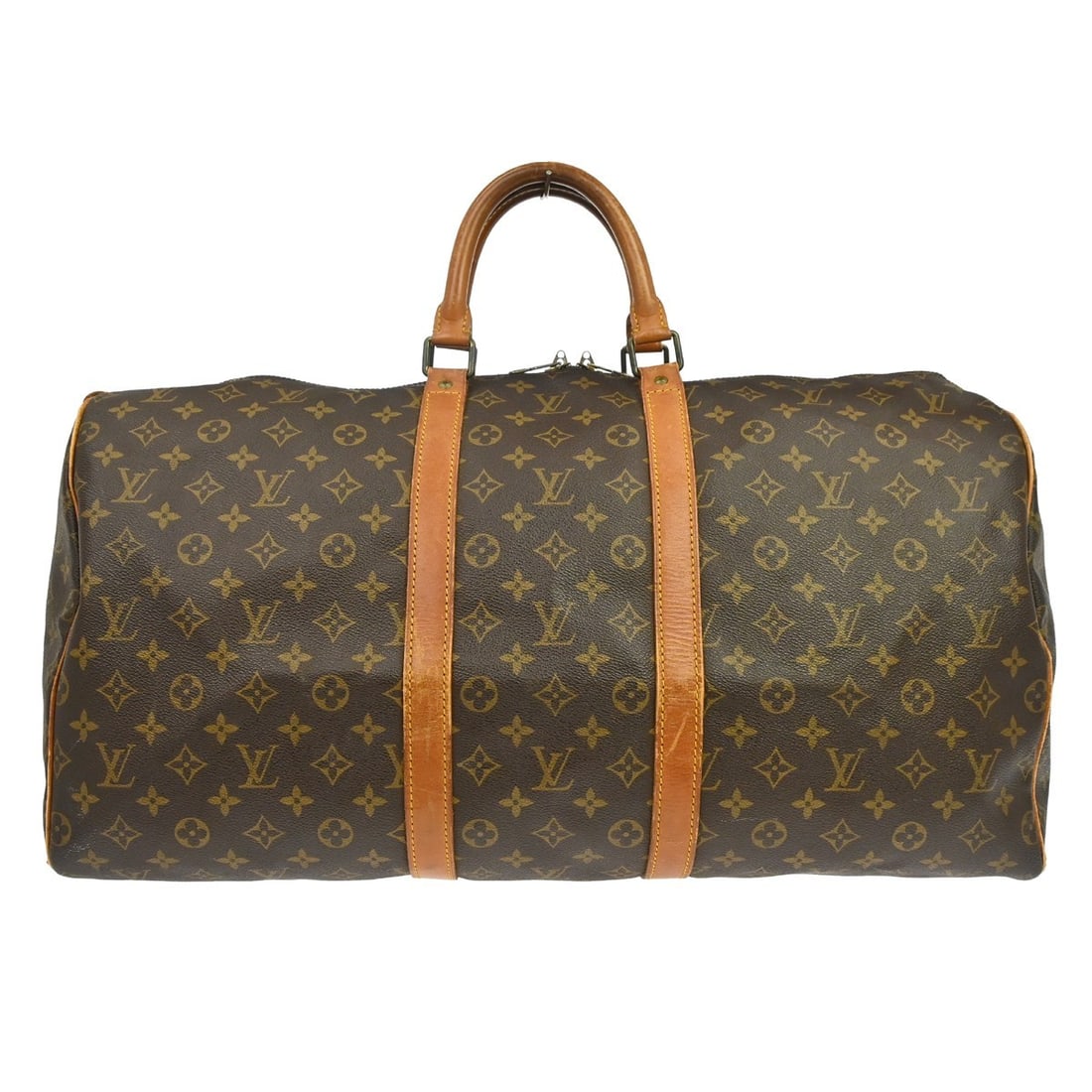 Louis Vuitton Keepall 55 Monogram Canvas Duffle Bag M41424: Louis Vuitton Keepall 55 Monogram Canvas Duffle Bag M41424 Vintage Louis Vuitton Keepall 55 travel handbag in Monogram canvas and leather with double handles and zip closure. This unisex duffle-style 