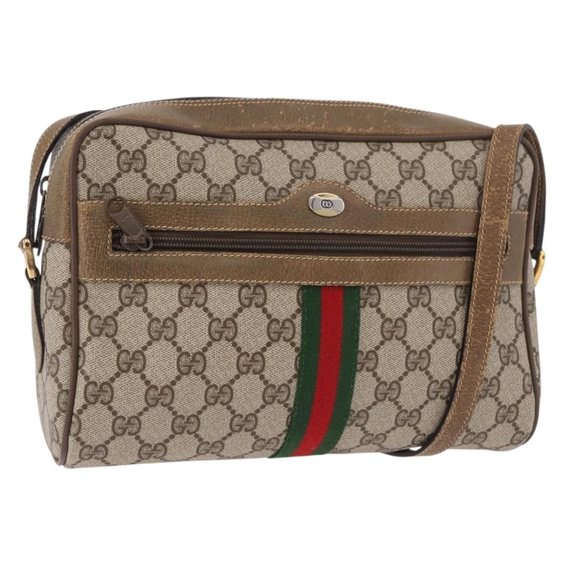 Gucci Sherry Line GG Supreme PVC Shoulder Bag Beige Gold 56 02 005: Gucci Sherry Line GG Supreme PVC Shoulder Bag Beige Gold 56 02 005 GUCCI GG Supreme Web Sherry Line shoulder bag in beige and gold, made from PVC leather and GG canvas. It is made in Italy and identif