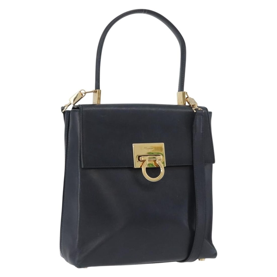 Salvatore Ferragamo Gancini Navy Leather Convertible Shoulder Handbag Gold Hardware: Salvatore Ferragamo Gancini Navy Leather Convertible Shoulder Handbag Gold Hardware This Salvatore Ferragamo Gancini 2-way handbag is crafted from navy leather and features gold-tone accents. Designed