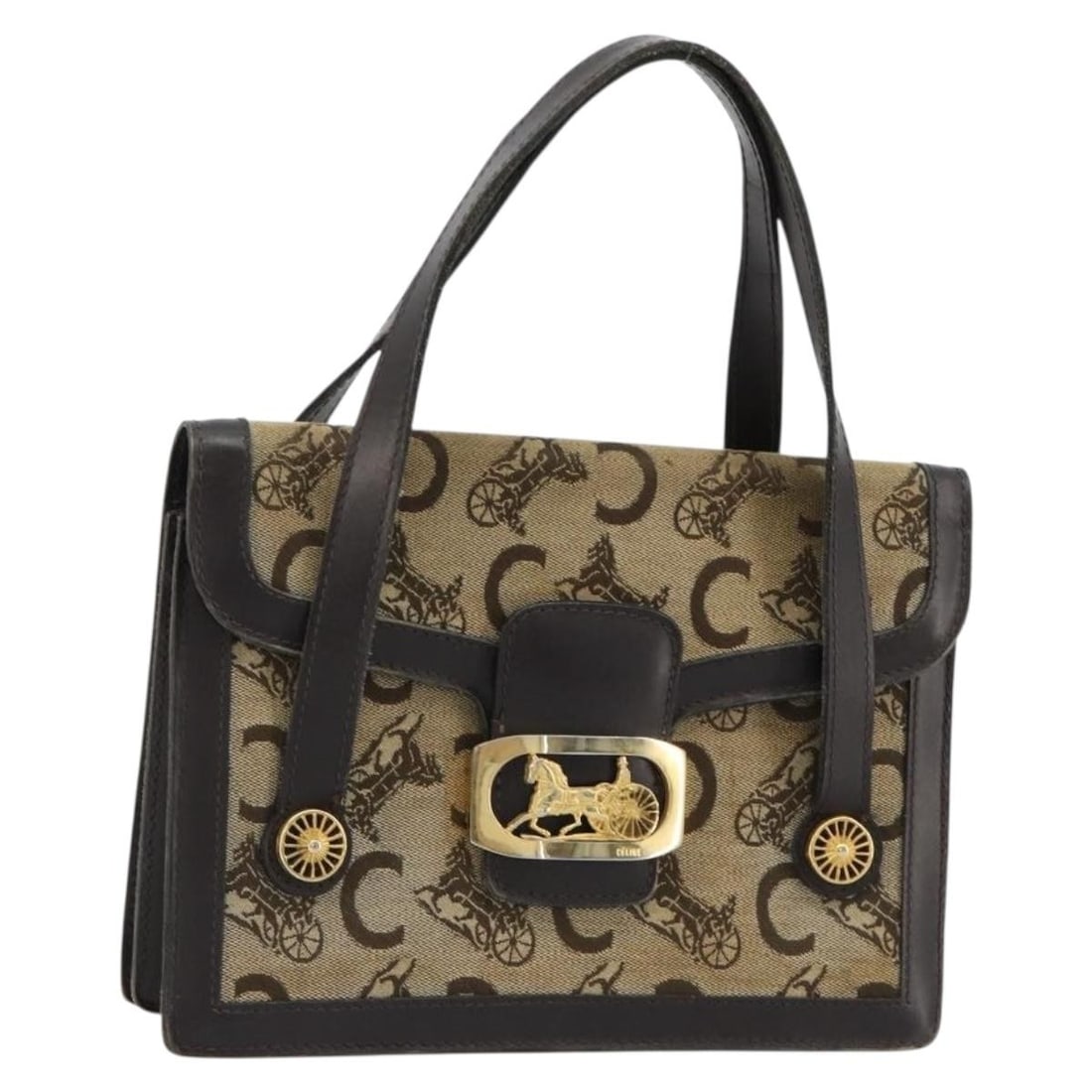 Celine C Sulky Horse Carriage Canvas Handbag Beige Gold Tone: Celine C Sulky Horse Carriage Canvas Handbag Beige Gold Tone Celine hand bag in beige and gold, crafted from canvas and C Macadam canvas. It features a Sulky Horse Carriage design and was made in Ital