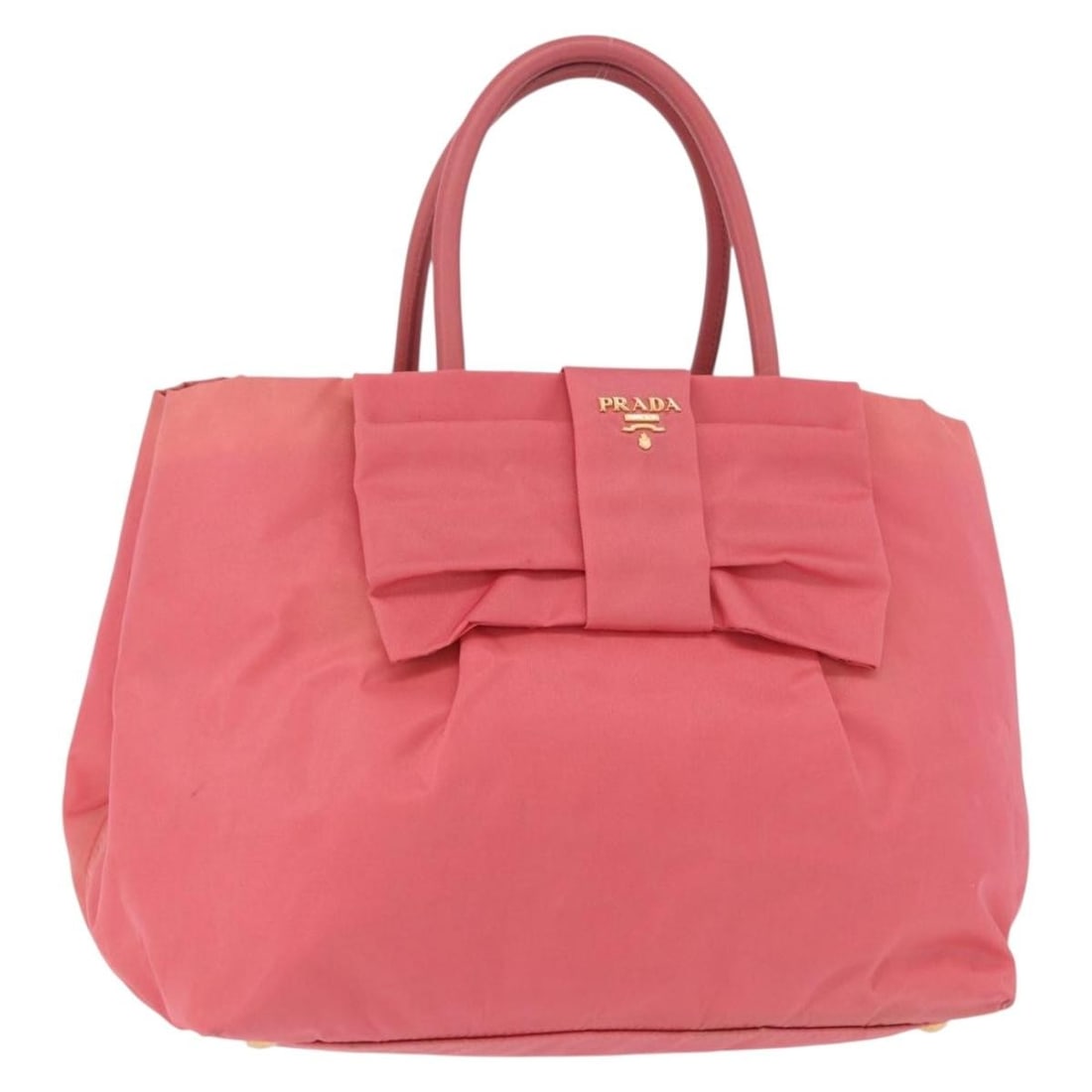 PRADA Nylon Ribbon Hand Bag Pink Gold Tone Italy: PRADA Nylon Ribbon Hand Bag Pink Gold Tone Italy Prada women's hand bag in pink and gold nylon, made in Italy. The bag measures approximately 10.6 x 8.7 x 6.7 inches with a handle drop of about 4.3 in