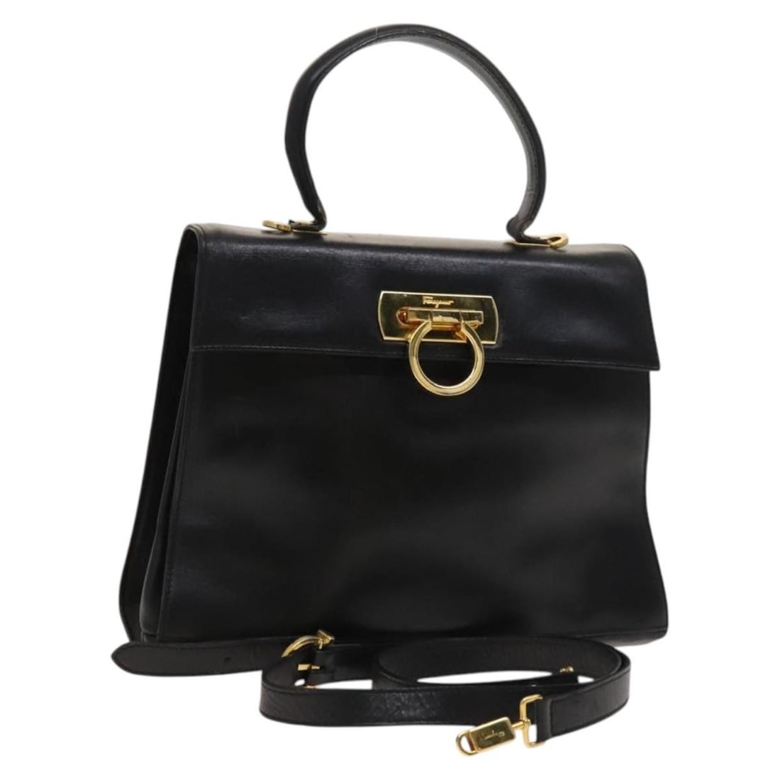 Salvatore Ferragamo Black Leather Gancini 2way Handbag Shoulder Strap: Salvatore Ferragamo Black Leather Gancini 2way Handbag Shoulder Strap This Salvatore Ferragamo Gancini handbag is crafted from black leather with gold-tone accents. Designed for versatile use, it can 