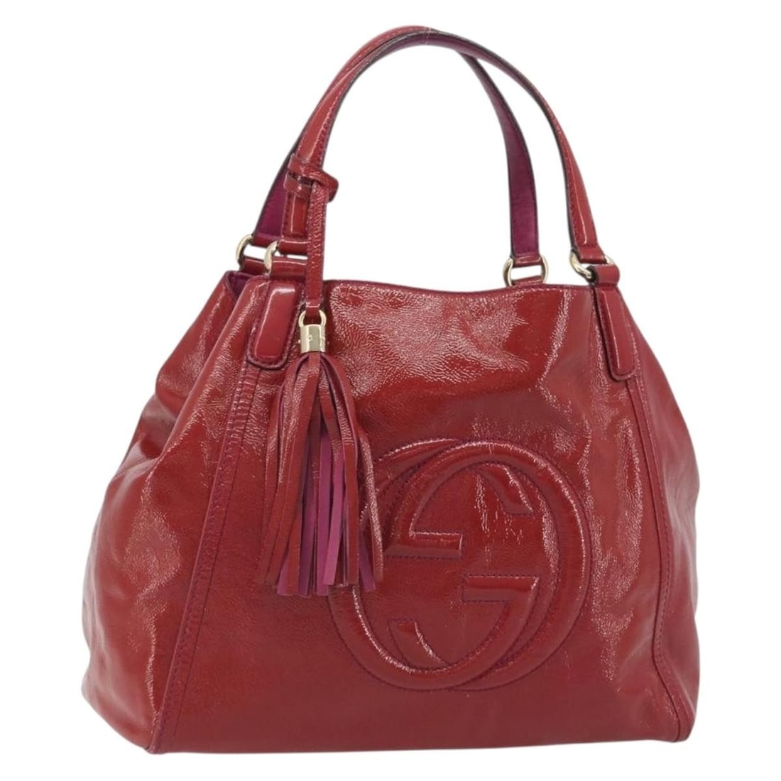 Gucci Soho Red Patent Leather Handbag with Pouch 282309: Gucci Soho Red Patent Leather Handbag with Pouch 282309 GUCCI Soho hand bag in red patent leather with gold-tone hardware. It comes with a pouch and was made in Italy. The bag shows heavy use with sur