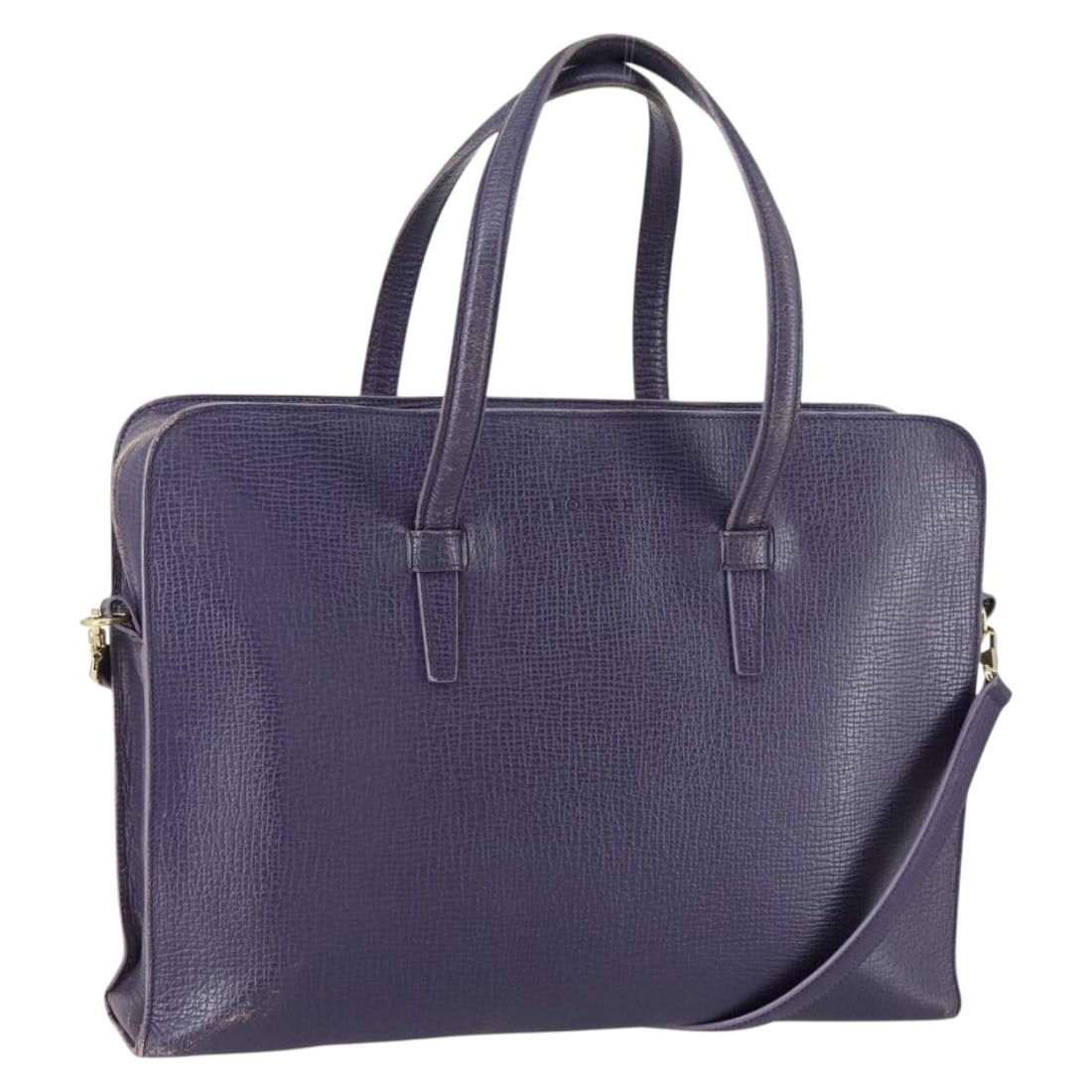 LOEWE Navy Leather 2way Handbag with Shoulder Strap: LOEWE Navy Leather 2way Handbag with Shoulder Strap LOEWE leather 2way handbag in navy and gold, made in Spain. It comes with a shoulder strap and features a structured silhouette with a handle drop a