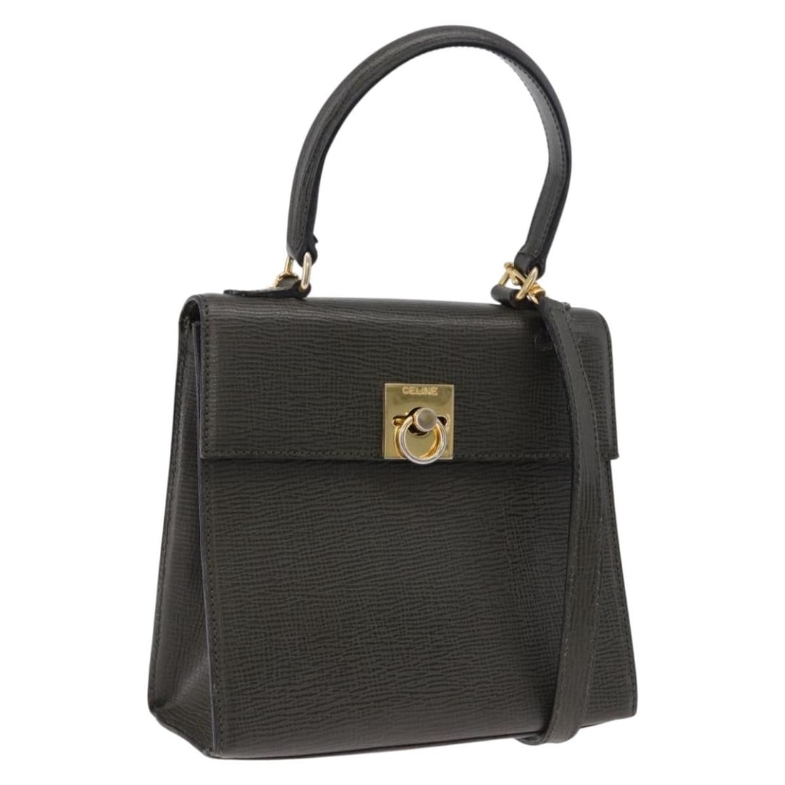 Celine 2way Leather Hand Bag Khaki with Shoulder Strap: Celine 2way Leather Hand Bag Khaki with Shoulder Strap A CELINE leather 2way hand bag in khaki with gold tone accents, made in Italy. It comes with a shoulder strap and has a handle drop of approximat