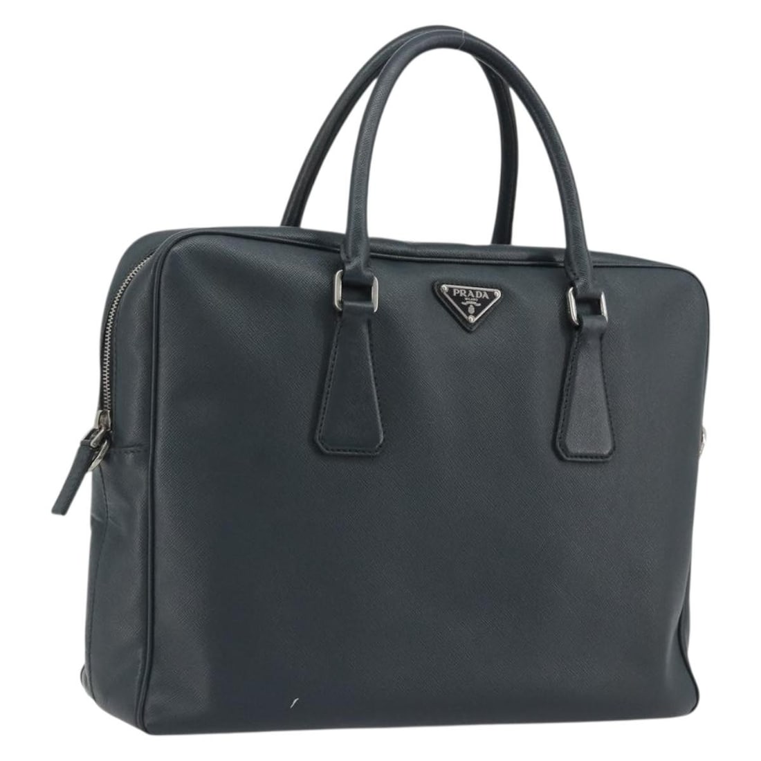 PRADA Saffiano Leather Briefcase Navy Silver Tone Italy: PRADA Saffiano Leather Briefcase Navy Silver Tone Italy Prada business bag in navy Saffiano leather with silver-tone accents. Made in Italy, this structured bag features a practical business silhouett