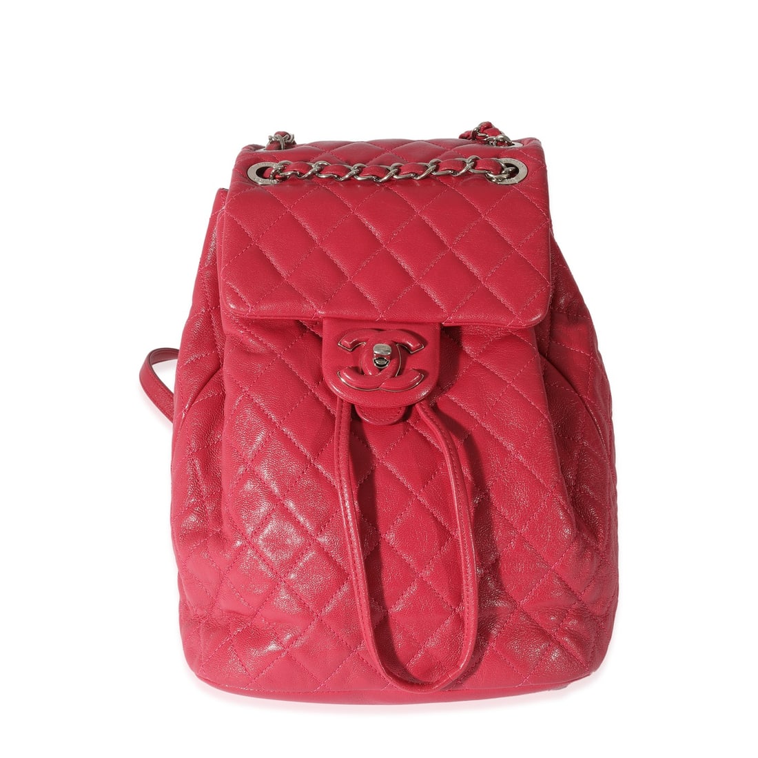 Chanel Covered CC Medium Backpack Pink Leather Drawstring Turnlock: Chanel Covered CC Medium Backpack Pink Leather Drawstring Turnlock A pre-owned medium backpack in quilted calfskin leather with a Covered CC design. It features a drawstring and turnlock closure, silv