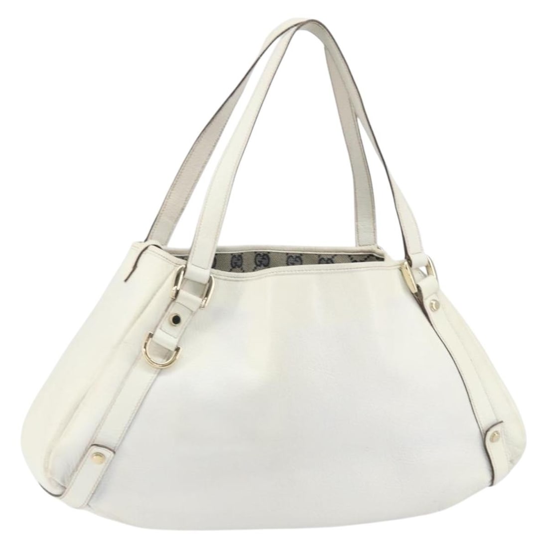 White and Gold Leather Abbey Tote by Gucci Model 130736: White and Gold Leather Abbey Tote by Gucci Model 130736 This is a Gucci Abbey tote bag crafted from white and gold leather. The bag features dual handles and an open top, offering spacious interior st