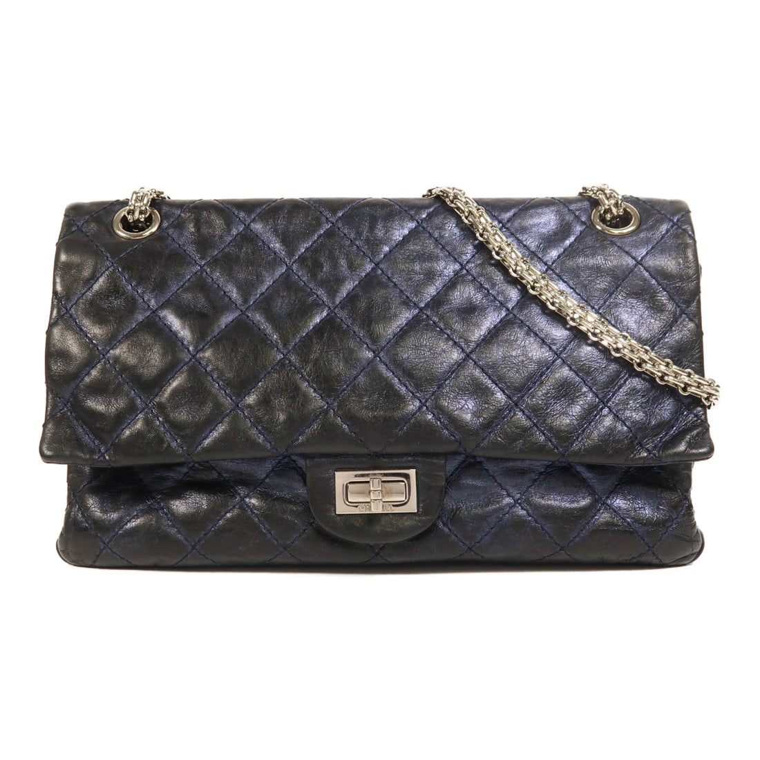 CHANEL 2.55 CC Shoulder Bag Metallic Blue Calfskin SHW: CHANEL 2.55 CC Shoulder Bag Metallic Blue Calfskin SHW CHANEL 2.55 Chain Shoulder Bag in metallic blue calfskin leather with a chain shoulder strap. It features a turn lock closure, multiple open pock