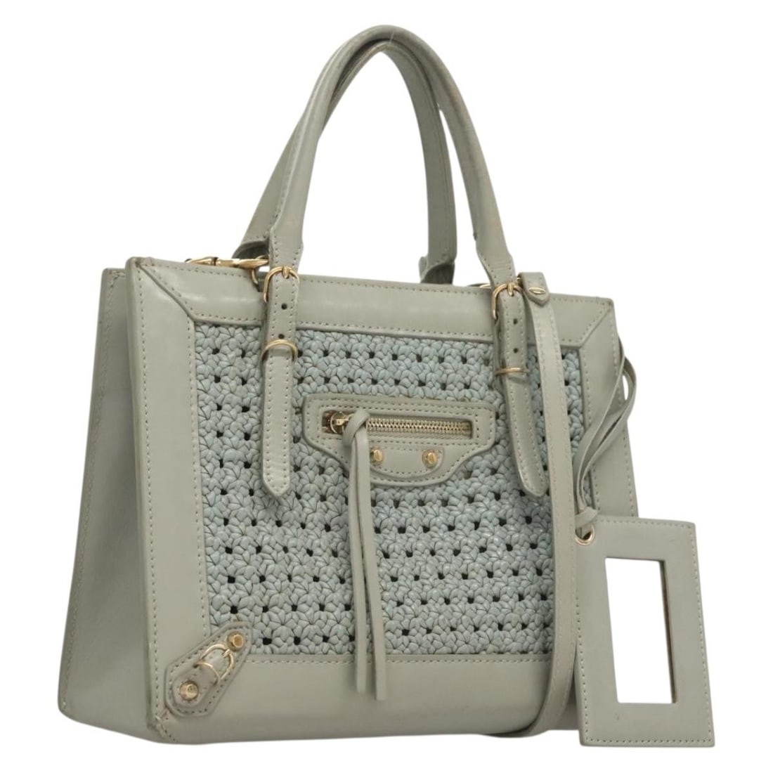 Balenciaga 2way Leather Handbag Gray with Gold Tone Strap: Balenciaga 2way Leather Handbag Gray with Gold Tone Strap Balenciaga 2-way handbag in gray leather with gold-tone hardware. It includes a shoulder strap and was made in Italy. The bag is in heavily us