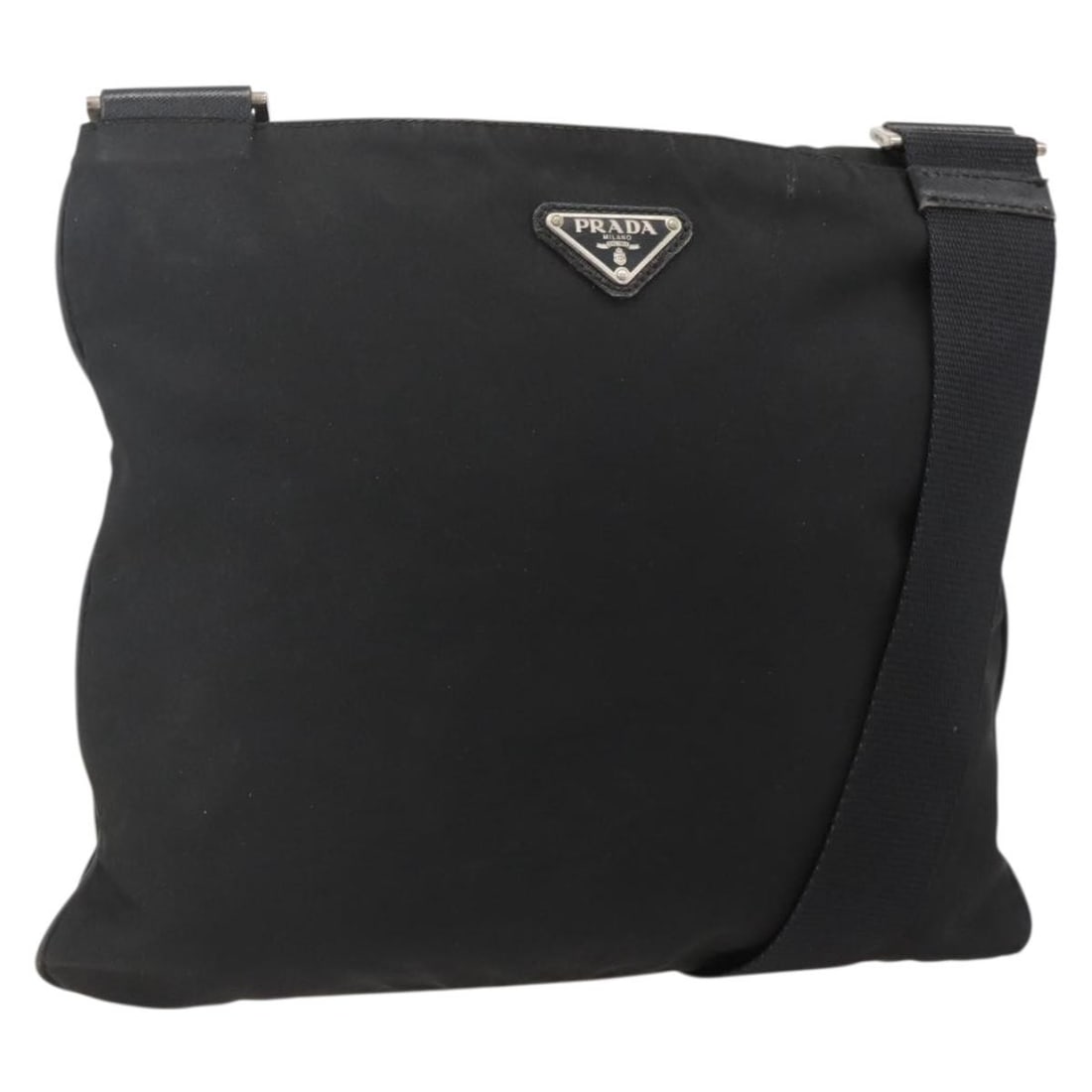 Prada Black Nylon Shoulder Bag Silver Tone Hardware Italy: Prada Black Nylon Shoulder Bag Silver Tone Hardware Italy A Prada shoulder bag in black and silver nylon, made in Italy. The bag measures approximately W30 cm x H27 cm, with a shoulder drop of approxi
