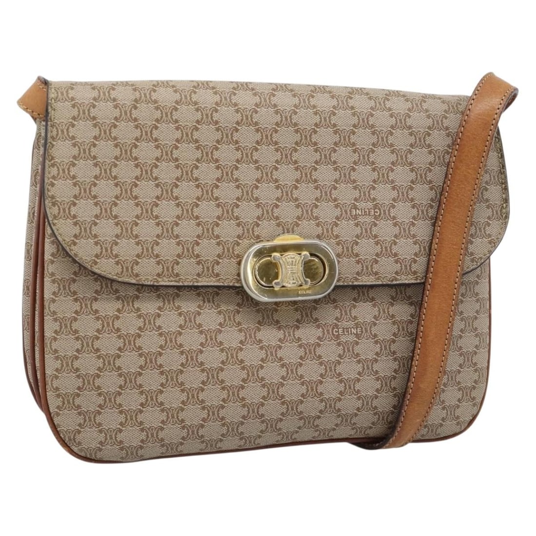 Celine Macadam PVC Canvas Shoulder Bag Beige Gold Tone: Celine Macadam PVC Canvas Shoulder Bag Beige Gold Tone A CELINE shoulder bag in beige and gold, crafted from PVC leather and Macadam canvas. Made in Italy, it measures approximately W23 x H18 x D3 cm 