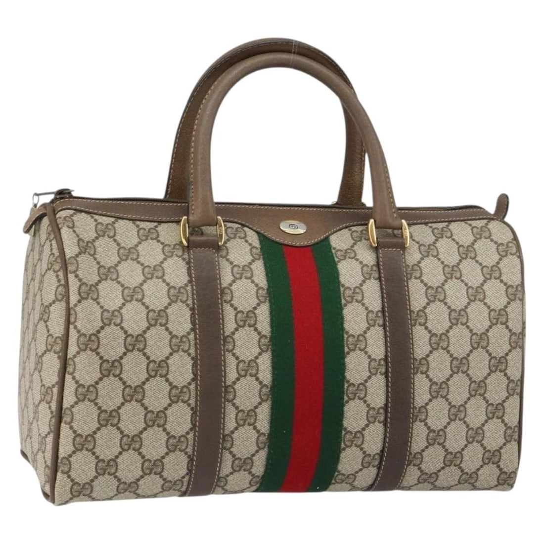 Gucci 69 02 007 Sherry Line Boston Bag Beige GG Supreme PVC Leather: Gucci 69 02 007 Sherry Line Boston Bag Beige GG Supreme PVC Leather GUCCI GG Supreme Web Sherry Line Boston bag in beige and gold, made in Italy. It is constructed from PVC leather and GG canvas, and 