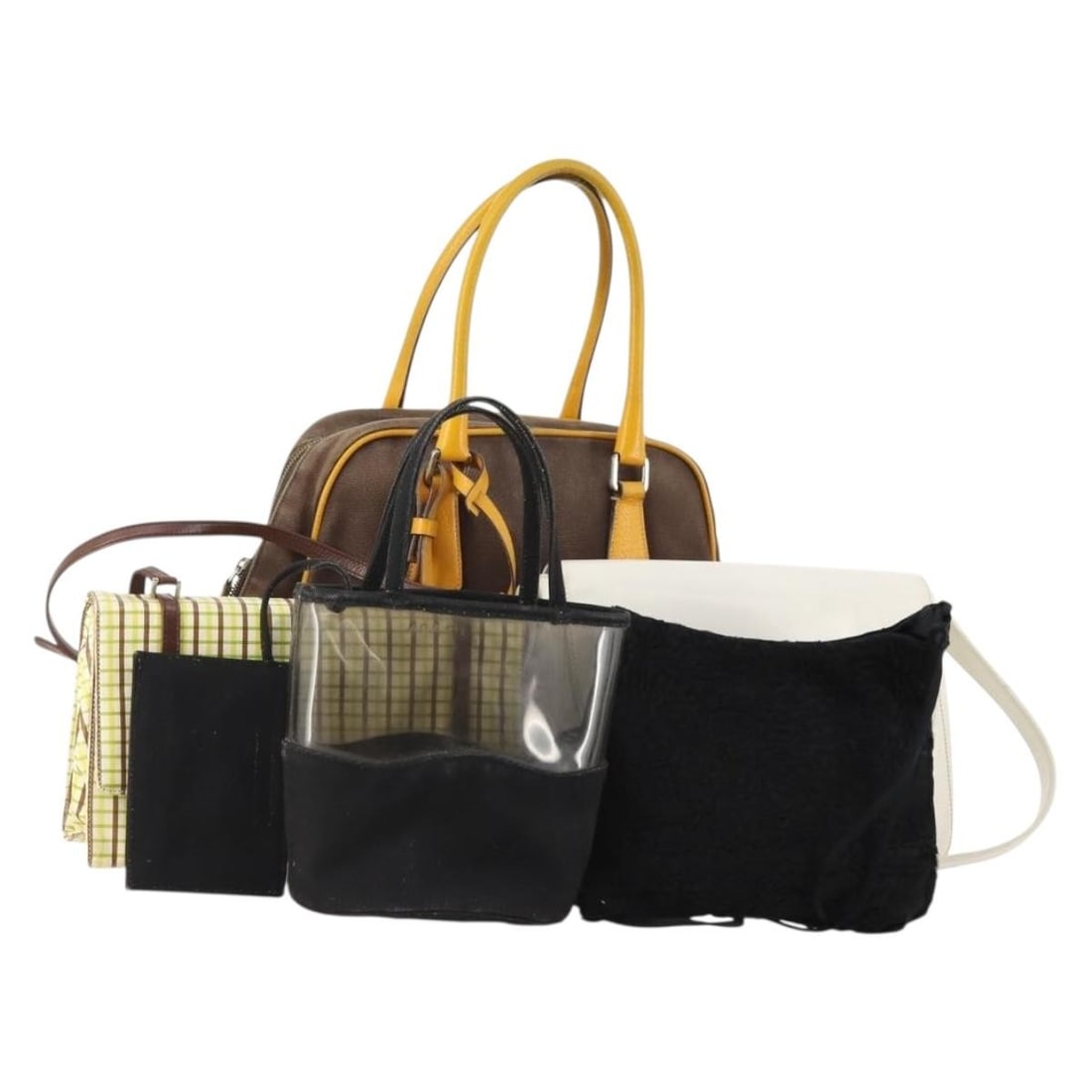 Set of 5 Prada canvas shoulder bags black white brown: Set of 5 Prada canvas shoulder bags black white brown PRADA shoulder bag set in black, white, and brown canvas with leather details. Made in Italy, this listing is offered as a special set and is desc