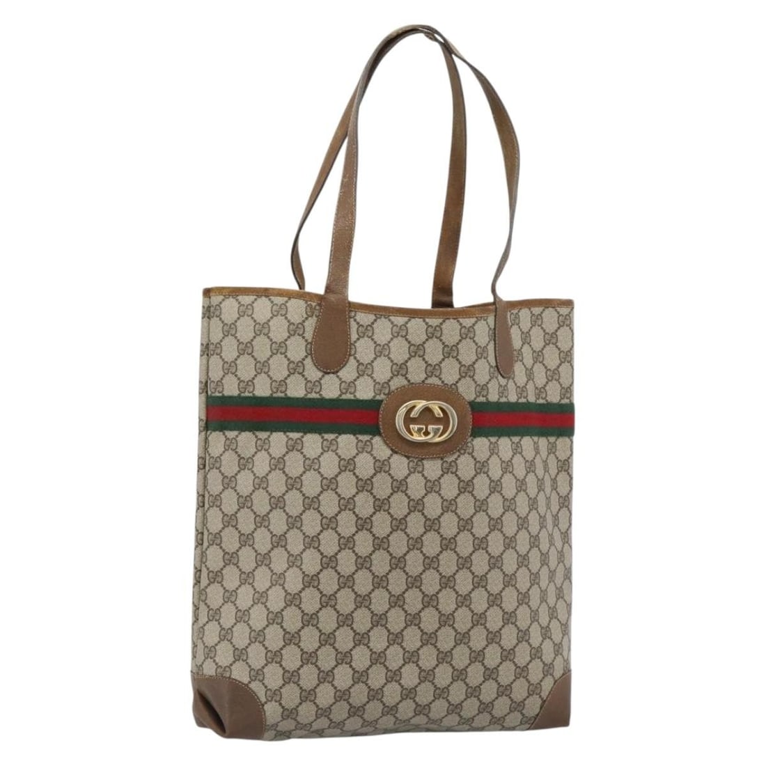 Gucci Sherry Line GG Supreme PVC Leather Tote Bag Brown Gold: Gucci Sherry Line GG Supreme PVC Leather Tote Bag Brown Gold Gucci tote bag in brown GG Supreme PVC leather with the Web Sherry line design and gold-tone accents. This women's bag has been customized 