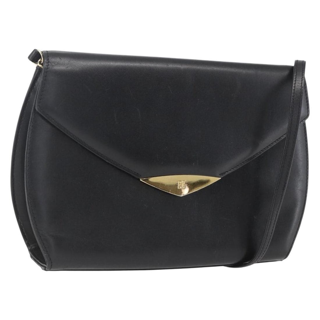 Black Leather Givenchy Shoulder Purse with Gold Accents: Black Leather Givenchy Shoulder Purse with Gold Accents This Givenchy shoulder bag features a black leather exterior with gold accents. The bag has a structured silhouette with a flap closure and a lo