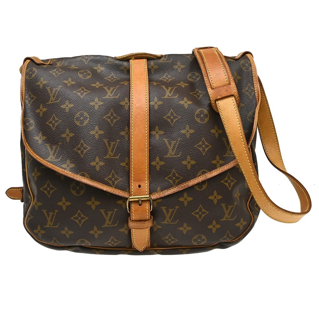 Louis Vuitton M42254 Saumur 35 Monogram Canvas Crossbody Bag: Louis Vuitton M42254 Saumur 35 Monogram Canvas Crossbody Bag Louis Vuitton Saumur 35 shoulder bag in Monogram canvas and leather, made in France. The bag is brown and features three interior pockets. 