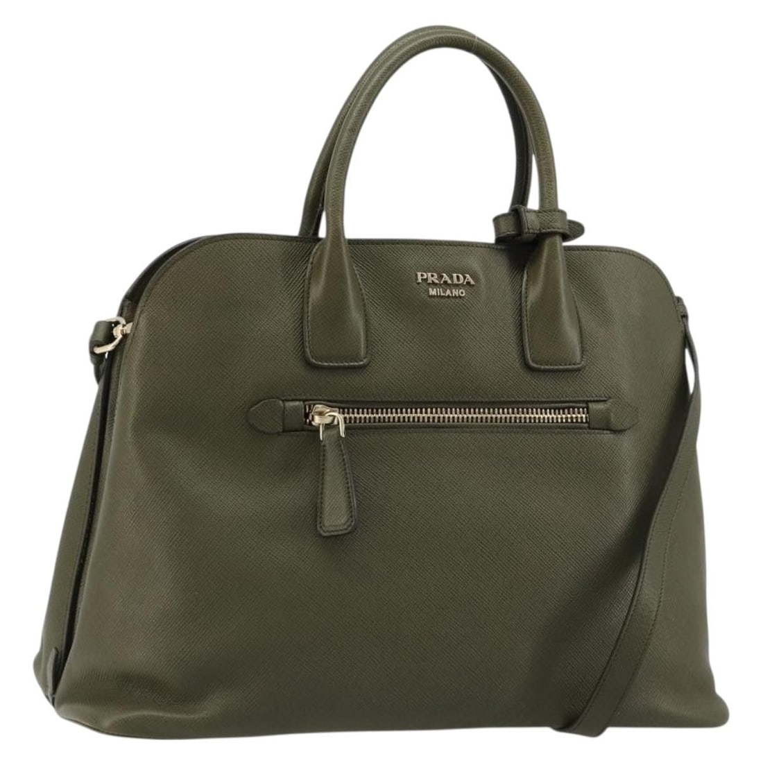 Prada Cuir Saffiano leather satchel with strap khaki gold tone: Prada Cuir Saffiano leather satchel with strap khaki gold tone Prada Cuir Open Promenade satchel bag in khaki and gold, made from leather and Saffiano leather. This 2-way handbag includes a shoulder s