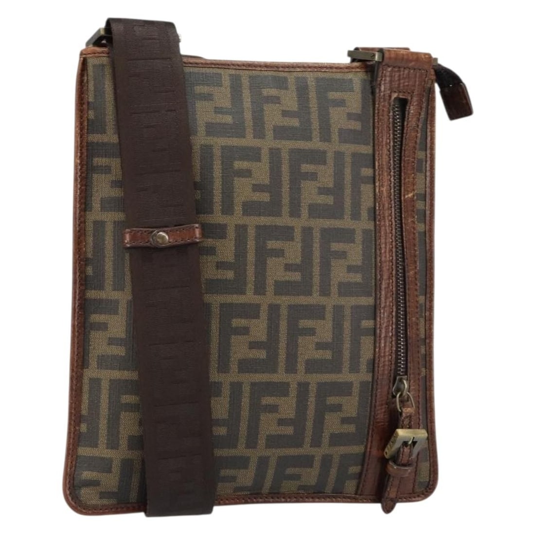 Fendi Zucca Shoulder Bag in Black Brown PVC Leather Canvas: Fendi Zucca Shoulder Bag in Black Brown PVC Leather Canvas Fendi shoulder bag in black and brown Zucca canvas with PVC leather accents. Made in Italy, this bag measures approximately W 24 cm x H 26 cm