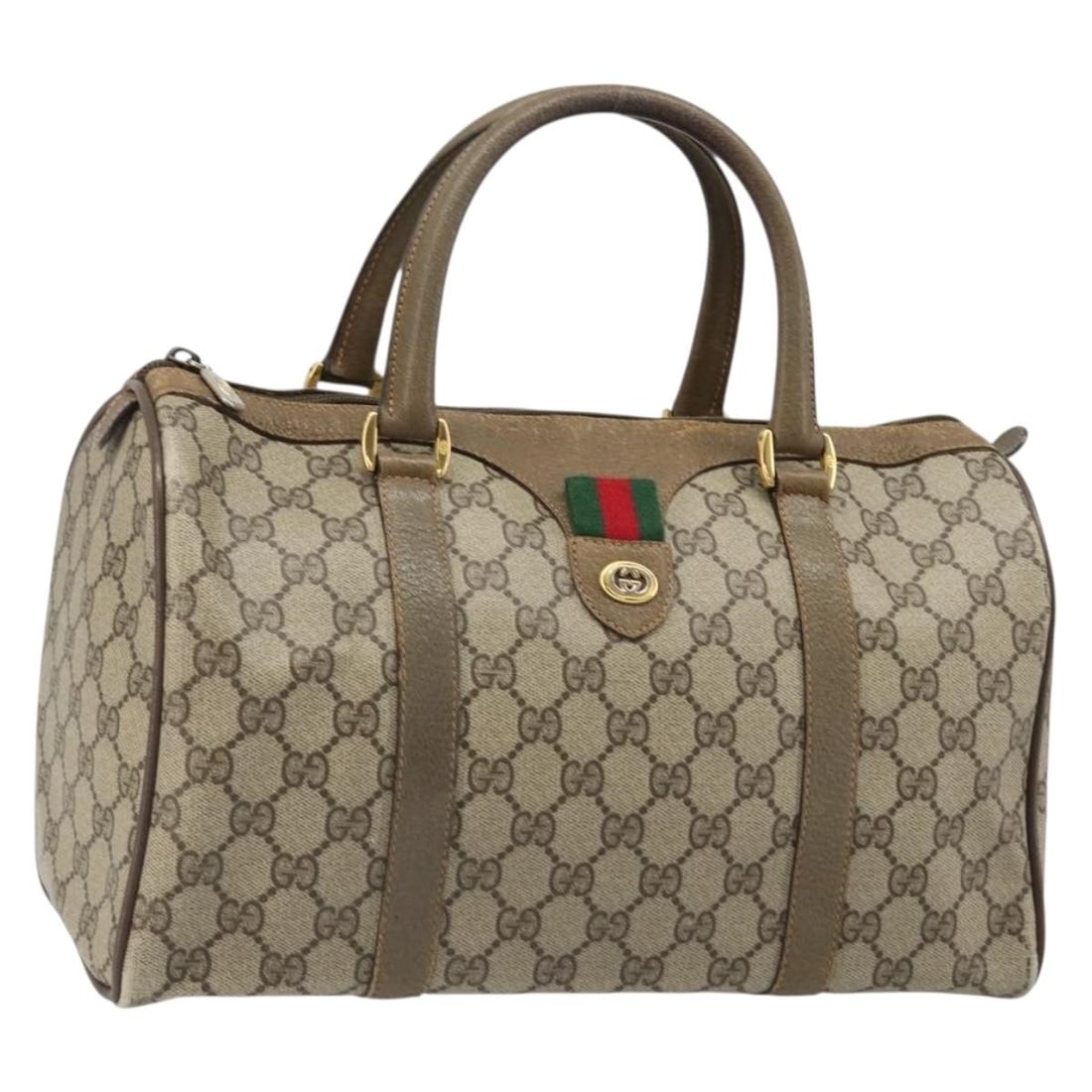 GUCCI Sherry Line GG Supreme Boston Bag Beige Gold PVC Leather: GUCCI Sherry Line GG Supreme Boston Bag Beige Gold PVC Leather This Gucci Boston bag is crafted from PVC leather and GG canvas in a beige and gold colorway. Made in Italy, it features a structured Bos